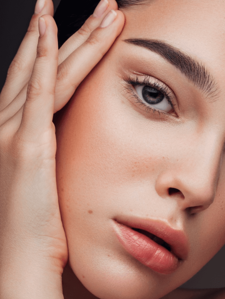 ros plan du visage d’une femme à la peau lisse, maquillage naturel, sourcils définis et lèvres rosées, touchant délicatement sa tempe avec la main.